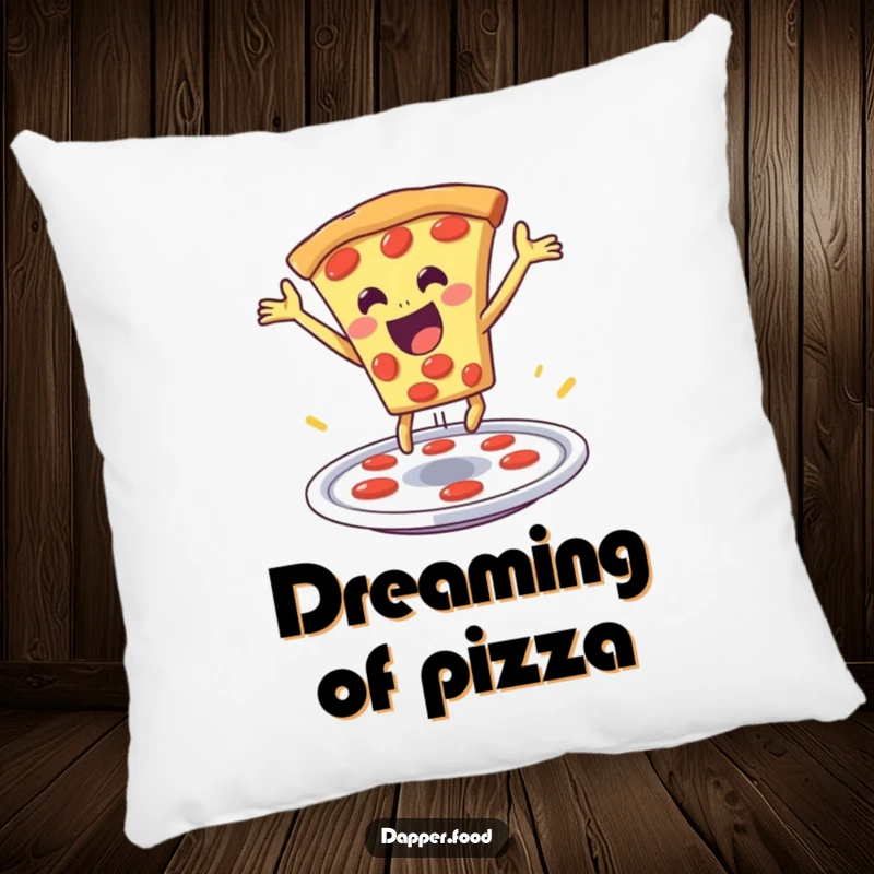 Funny pizza pillow featuring a delighted pizza slice mid-leap from a plate, designed for comfort and laughs.