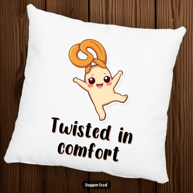 Funny pretzel pillow, a happy snack character cartwheeling with bliss, soft and decorative cushion, great funny gift.