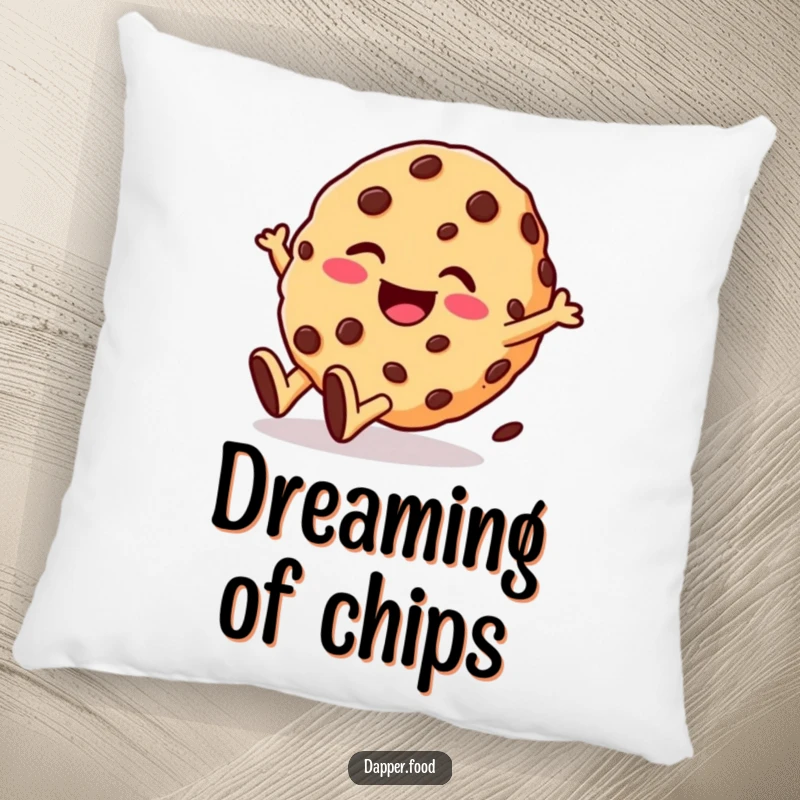 Funny pillow featuring a giggling cookie character with chocolate chips rolling downhill with glee. Perfect for cozy, sweet humor.