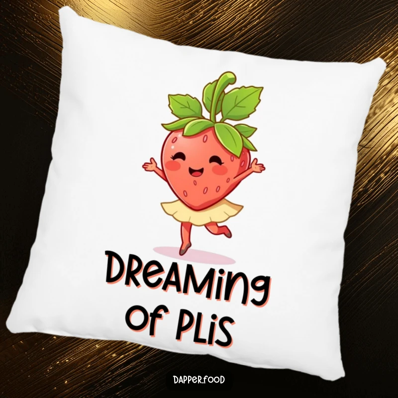 A happy strawberry character elegantly twirls with its leaves on this soft and funny pillow, perfect for decor.