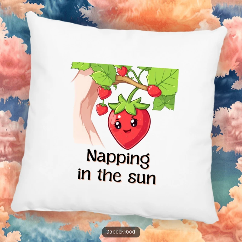 Funny strawberry pillow featuring a smiling character swinging from a vine, adding a touch of cozy, fruity charm.