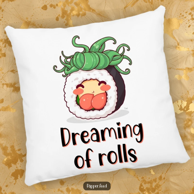 Funny pillow depicting a happy sushi roll with flowing seaweed hair, spinning with pure delight, adding a touch of whimsical comfort.
