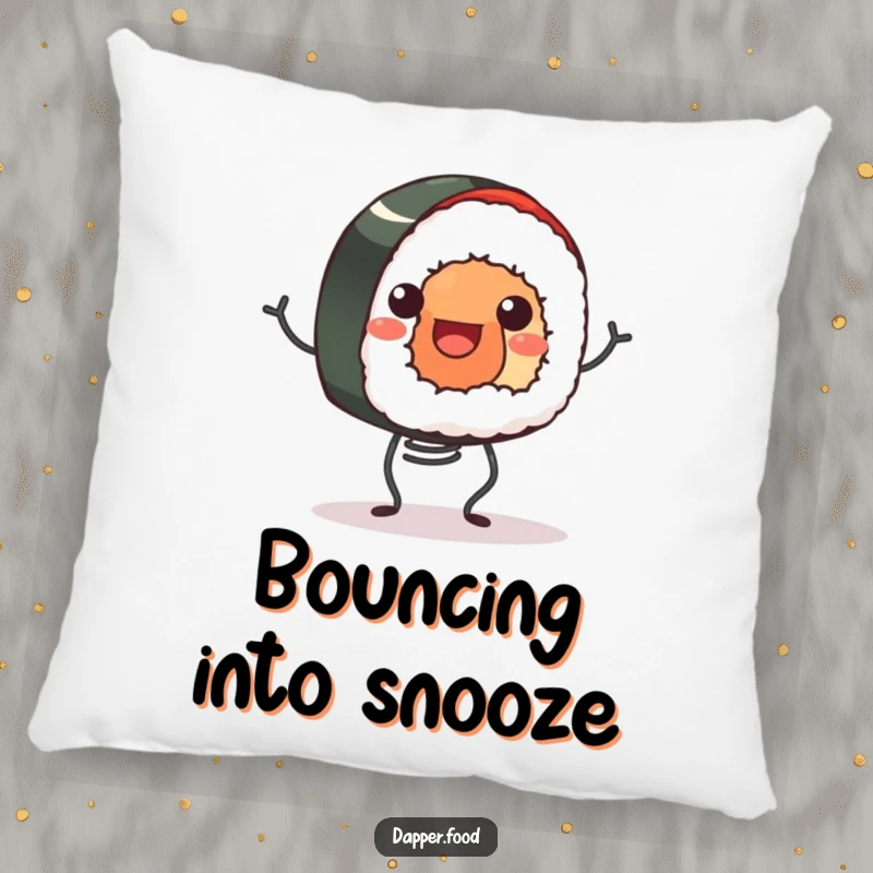Funny pillow with a smiling sushi roll happily bouncing on tiny spring legs, providing cozy and humorous, food-themed decor.