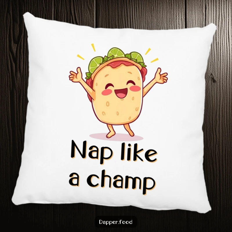 Funny pillow featuring a cheerful taco doing a joyful victory dance with lime wedges, perfect for festive comfort.