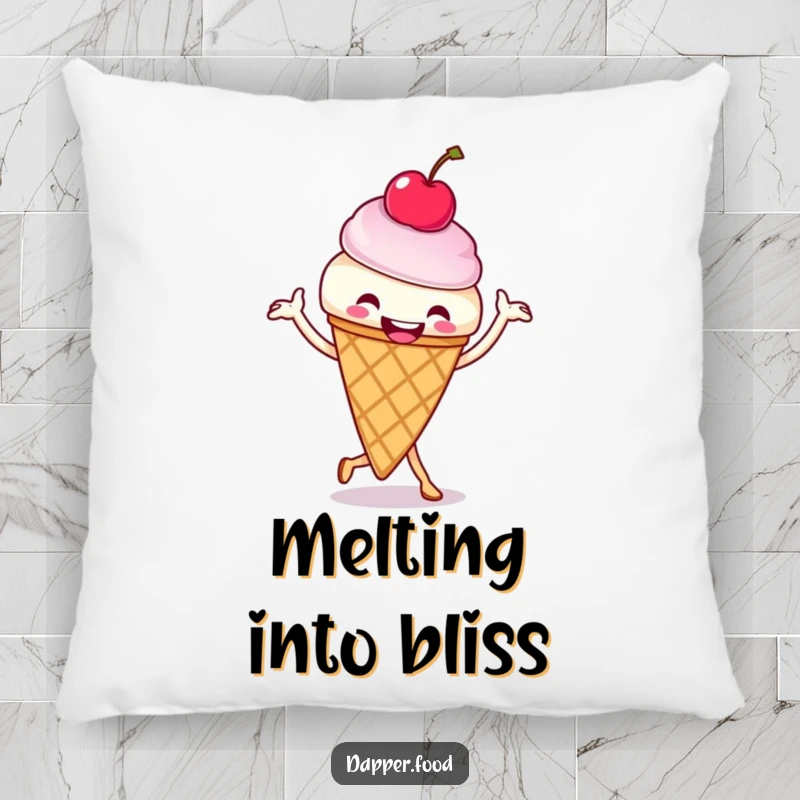 Funny ice cream cone jig pillow, a plush ice cream treat with a cherry on top performing a lively dance. A cuddly funny gift.