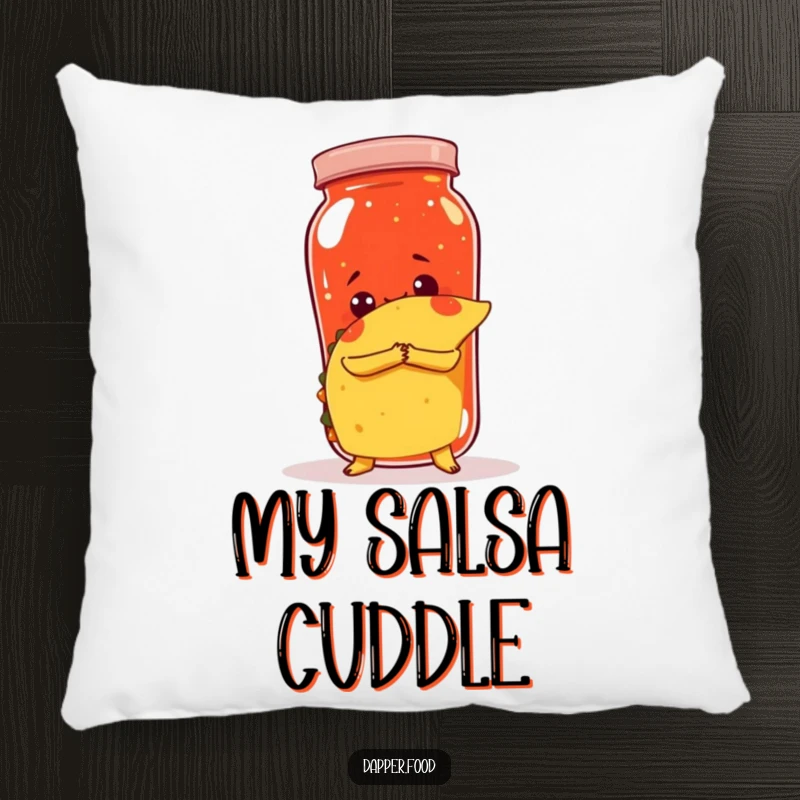 Funny pillow with a taco attempting to hug a giant salsa jar, offering comfort and a humorous touch.