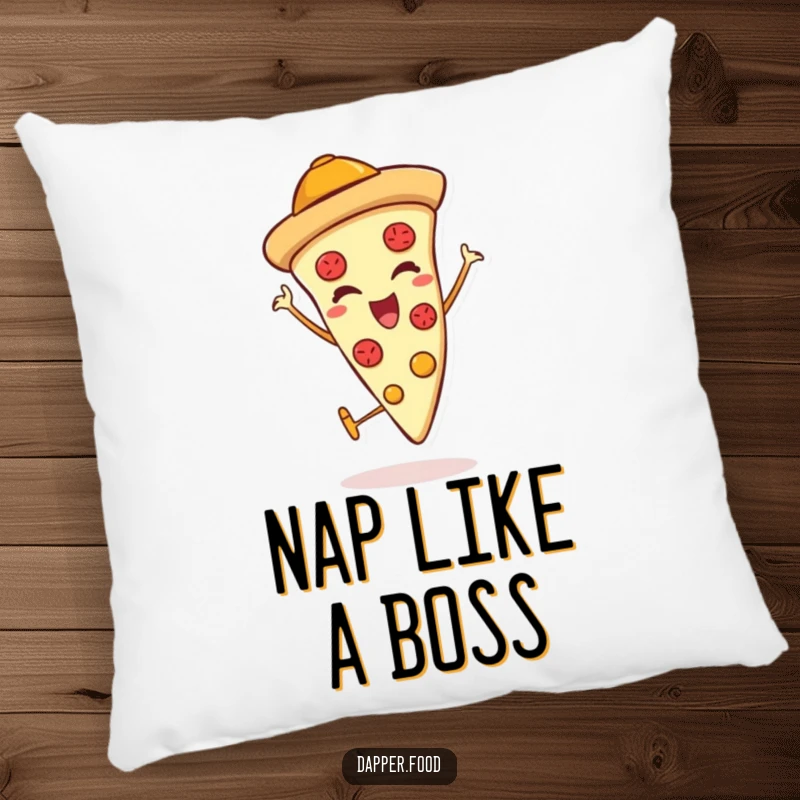 Funny pillow featuring a winking pizza slice character with a hat giving a thumbs up, offering comfort and cheesy charm.