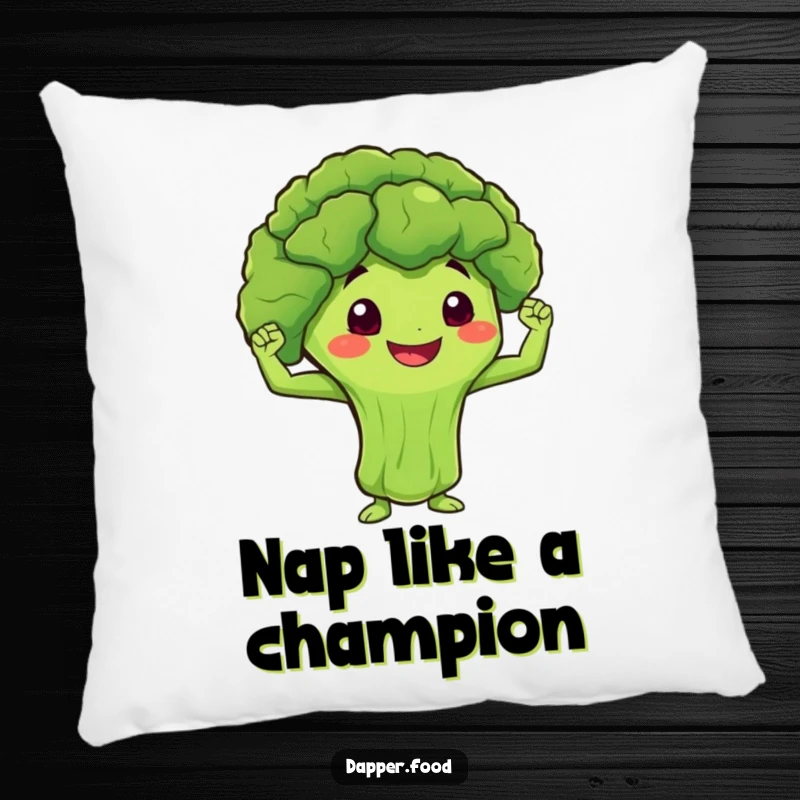 Funny Pillow with a smiling broccoli character flexing miniature muscles, offering comfort and fitness encouragement.
