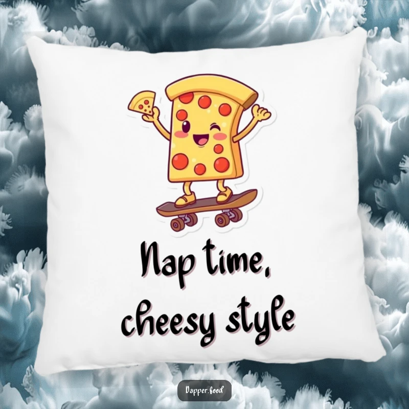 Funny pillow design of a cheerful pizza slice character balancing on a skateboard, one slice held high in a cool pose.