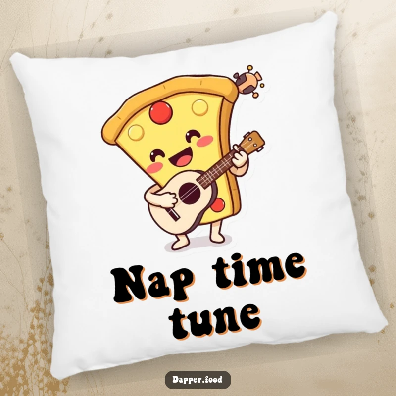 Funny pillow featuring a smiling pizza slice playing a ukulele. Perfect for comfortable relaxation with a humorous musical touch.