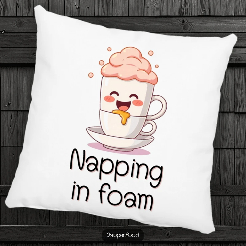 Funny Pillow: A cute anthropomorphic coffee mug character gleefully spills bubbly foam, offering a soft and humorous decorative touch.