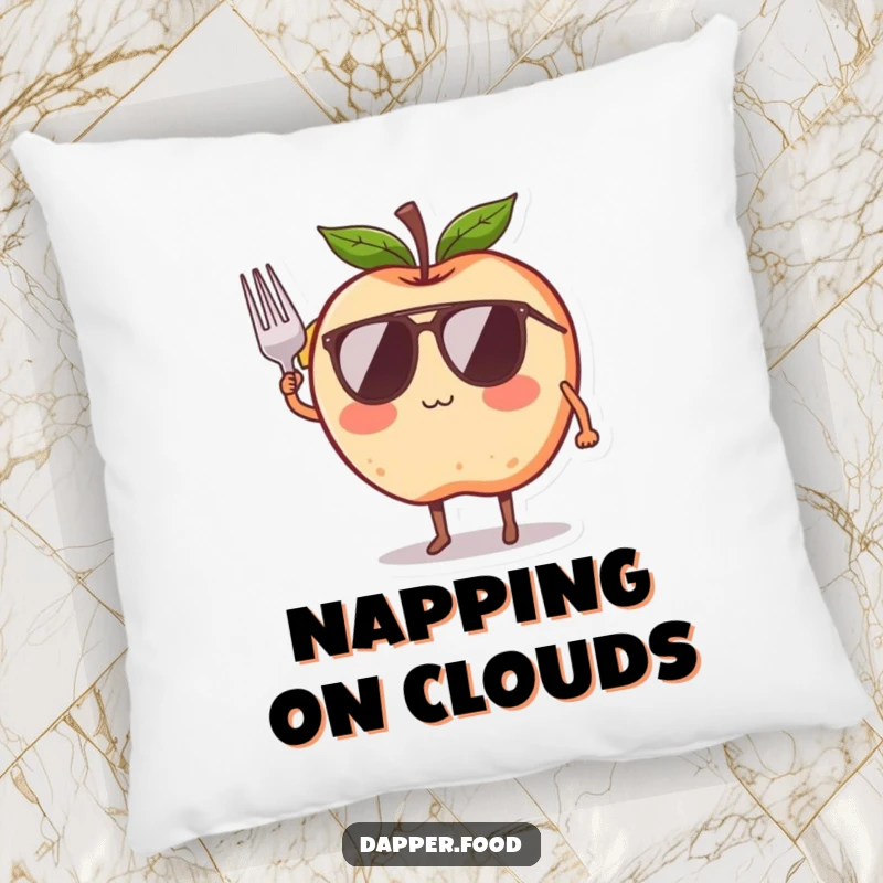Funny pillow featuring a blushing apple character with legs and wings, comically trying to fly with a ribbon, for cozy comfort.