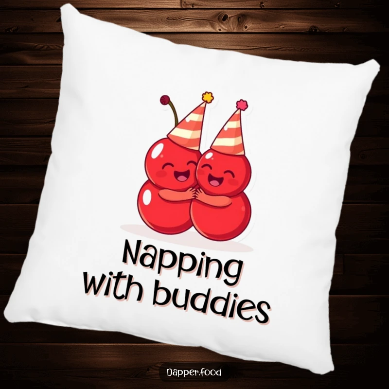 Funny cherries pillow, pair of cute fruit characters in party hats hugging, soft and decorative cushion, great funny gift.