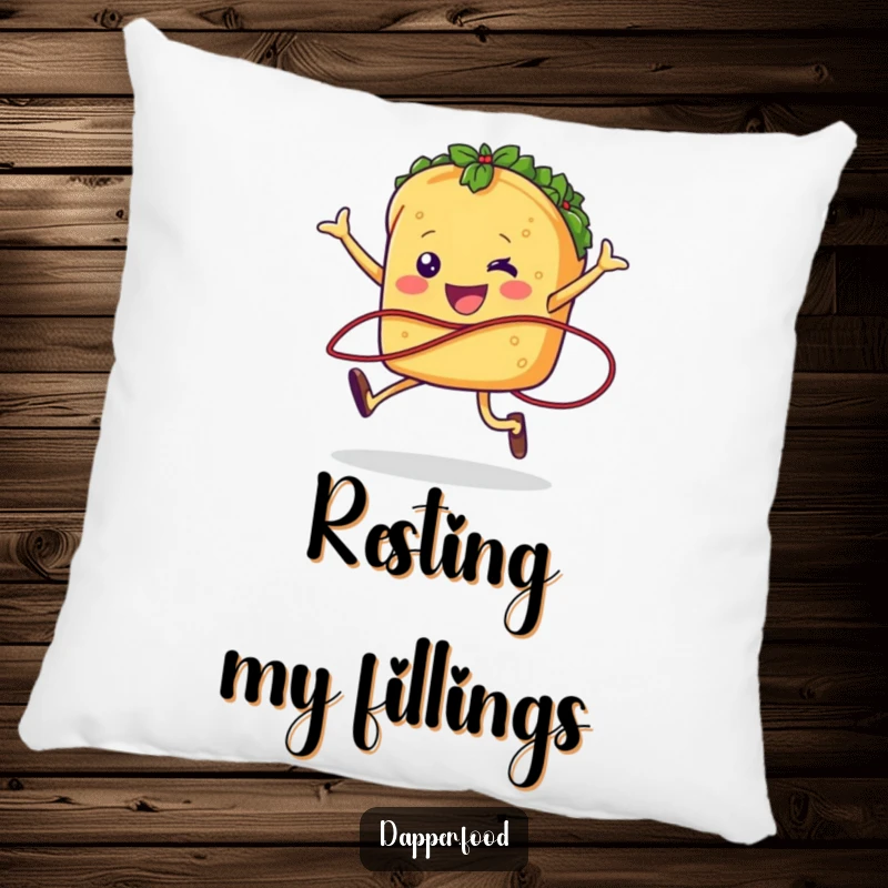 Funny taco character jumping rope, designed for a soft and humorous pillow that adds festive cheer.