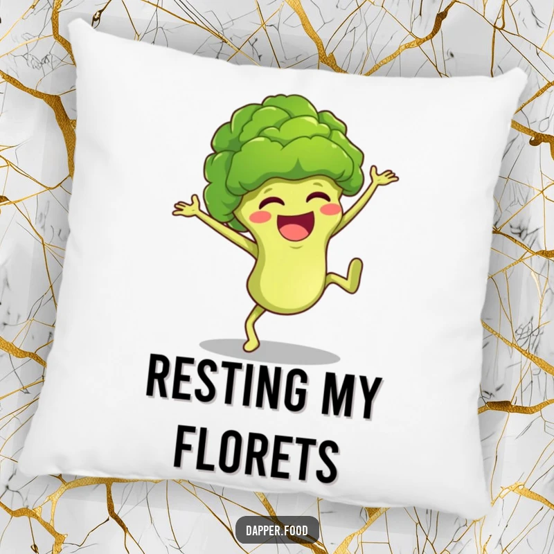 Funny broccoli character doing a joyful cartwheel, designed for a soft and humorous pillow that adds cheer.