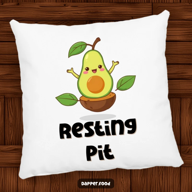 Funny pillow featuring a happy avocado performing a flamboyant pirouette on its pit, ideal for cozy and elegant comfort.