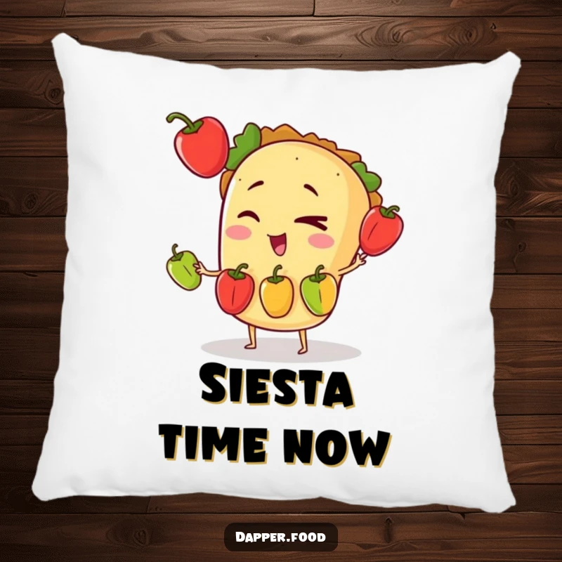 Funny pillow design of a winking taco character in the midst of juggling three tiny bell peppers, looking quite pleased.