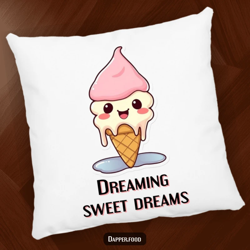 Funny Kawaii ice cream pillow featuring a cute cone character melting happily.