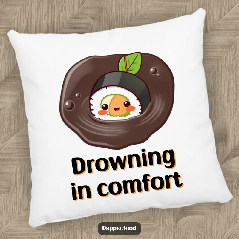 Funny Kawaii sushi pillow featuring a cute sushi roll character in a happy swimming posture within soy sauce.