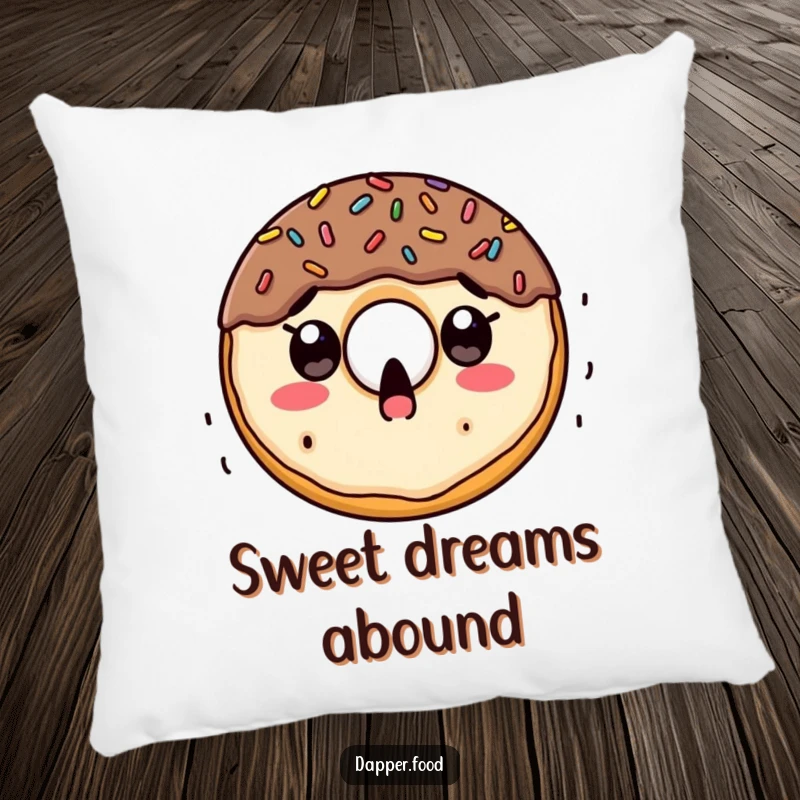 Funny pillow design featuring a surprised doughnut character with an astonished expression as sprinkles fall all around it.
