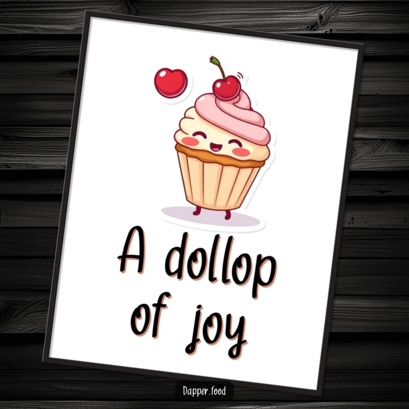 Funny digital art print showing a blushing cupcake character mid-toss with a bright red cherry, full of playful energy.