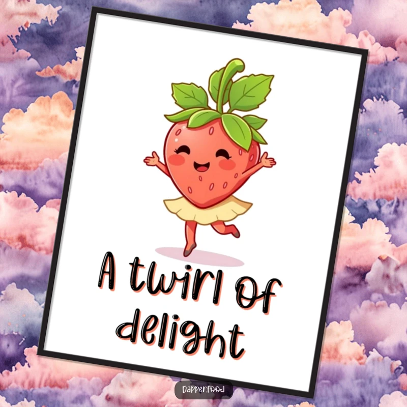 Funny anthropomorphic strawberry character doing a ballet twirl with its leaves, presented as digital art.