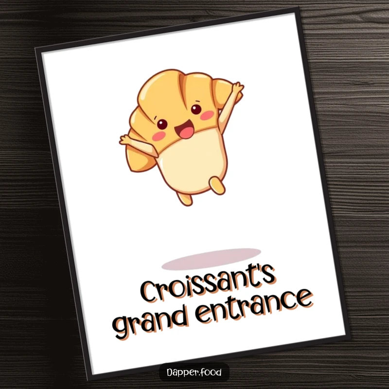Funny Kawaii croissant character doing a cartwheel in mid-air, rendered as a downloadable digital art print.