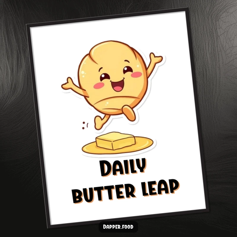 Funny croissant digital art print, a cheerful pastry character leaping over butter, high-resolution humorous artwork, perfect funny gift.