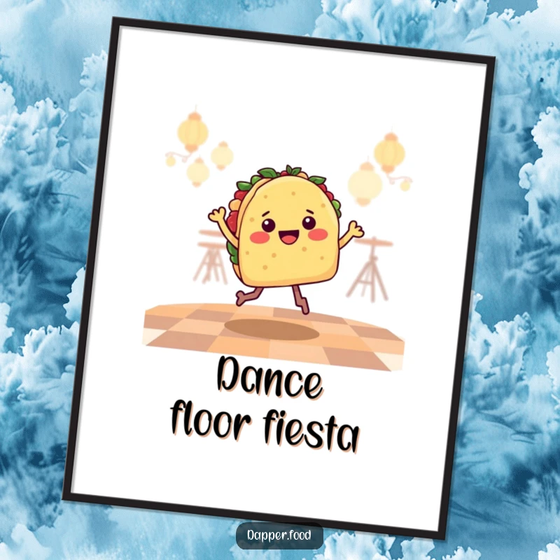 Funny Digital Art Print of a happy taco character with legs, performing an energetic salsa jig on a dance floor.