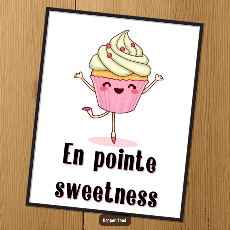 Funny digital art print of a cheerful cupcake with legs performing a ballet pirouette, capturing sweetness and artistic movement.