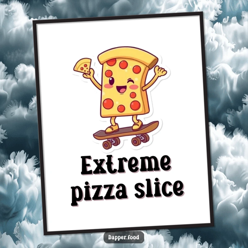 Funny digital art print of a smiling pizza slice character with a slice raised, balancing perfectly on a skateboard.