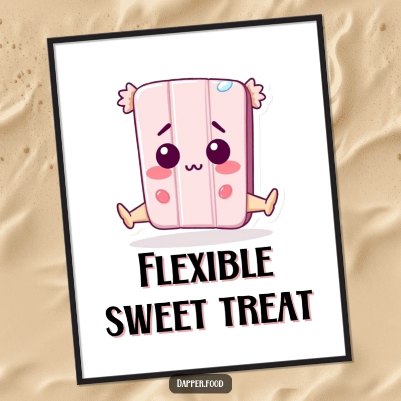 Funny Digital Art Print: Happy anthropomorphic candy bar character caught mid-split, looking surprised, humorous artwork, downloadable for immediate display.