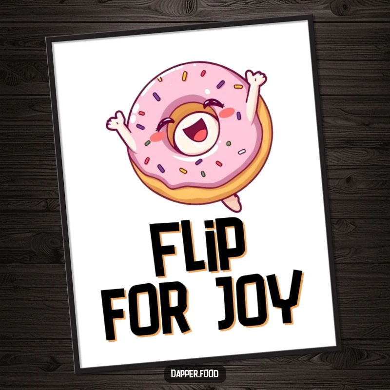 Funny digital art print of a delighted donut with sprinkles performing an energetic mid-air flip, perfect for cheerful decor.