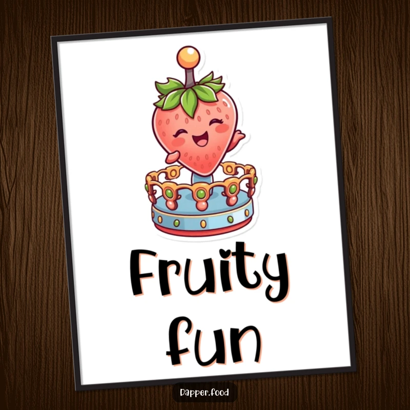 Funny Digital Art Print of a delighted strawberry character winking, joyfully spinning on a miniature merry-go-round.