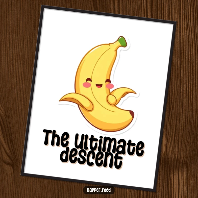 Funny banana digital art, a smiling fruit sliding down its peel, a high-resolution comical illustration.
