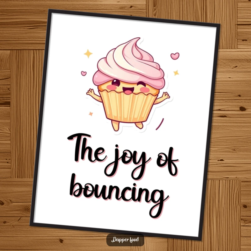 Funny Digital Art Print: Cheerful anthropomorphic cupcake character bouncing with frosting flying, vibrant and humorous artwork, downloadable for instant display.