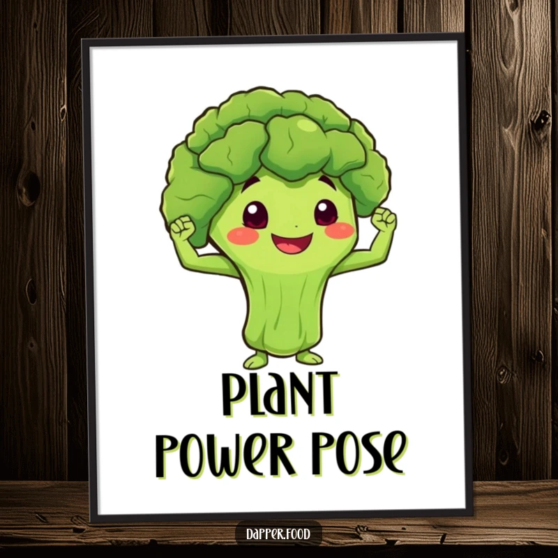 Funny Digital Art Print of a smiling broccoli character with a determined expression, flexing miniature muscles.