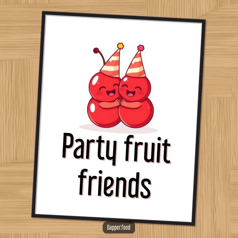 Funny cherries digital art print, cute fruit characters in party hats hugging, high-resolution humorous artwork, perfect funny gift.