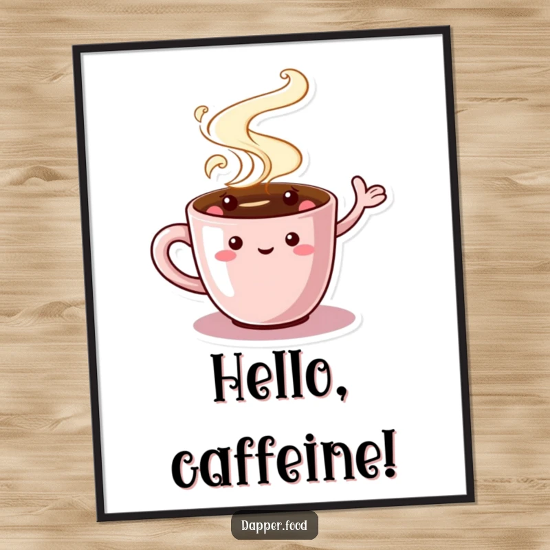 Funny Coffee Cup Digital Art Print of a charming character with swirling steam, waving, ready to bring cozy humor to your walls.