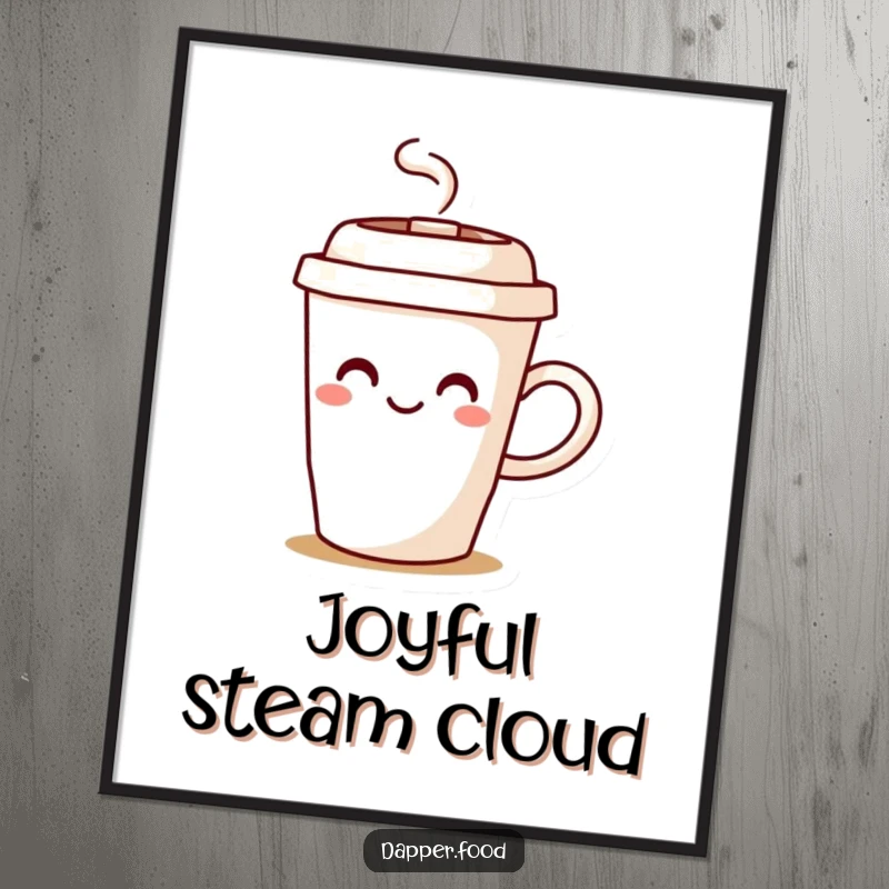 Funny coffee cup digital art print with a character joyfully spilling steam, conveying warmth and cheerful energy.