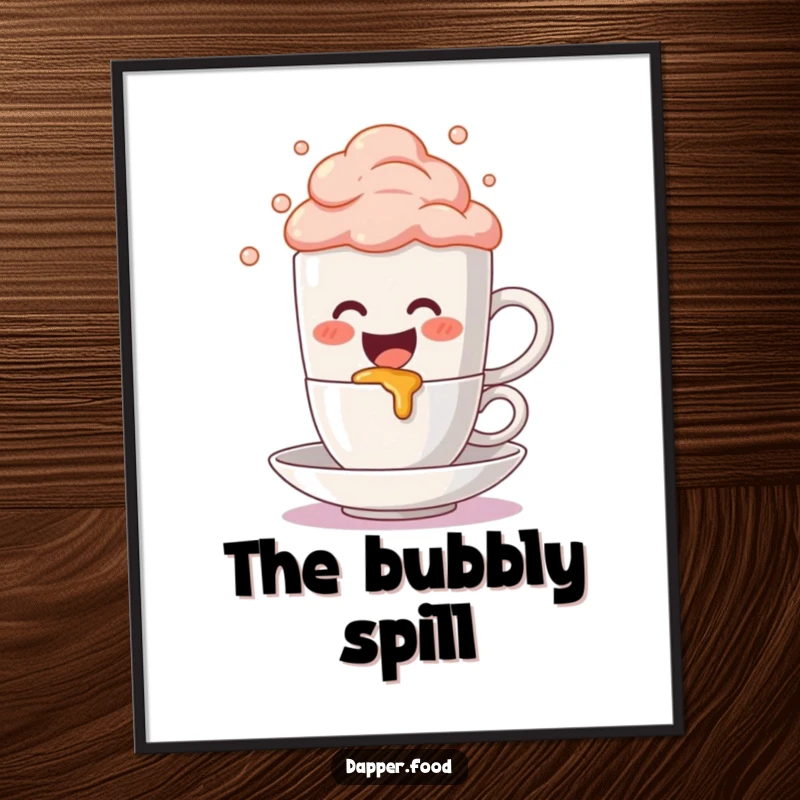 Funny Digital Art Print: Cute anthropomorphic coffee mug character gleefully spills bubbly foam, cheerful artwork, downloadable for immediate display.