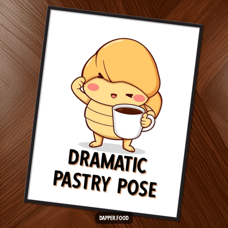 Funny digital art of a determined croissant striking a dramatic pose with a tiny coffee cup, ready to bring breakfast drama anywhere.