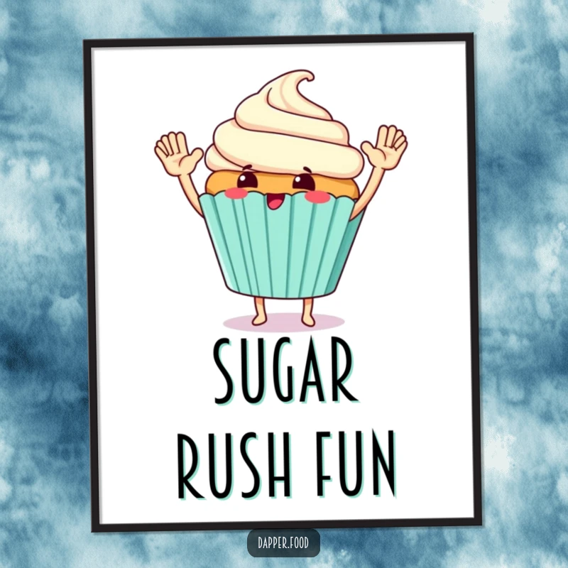 Funny Digital Art Print of a giggling cupcake character with tiny arms, giving a giant high-five.