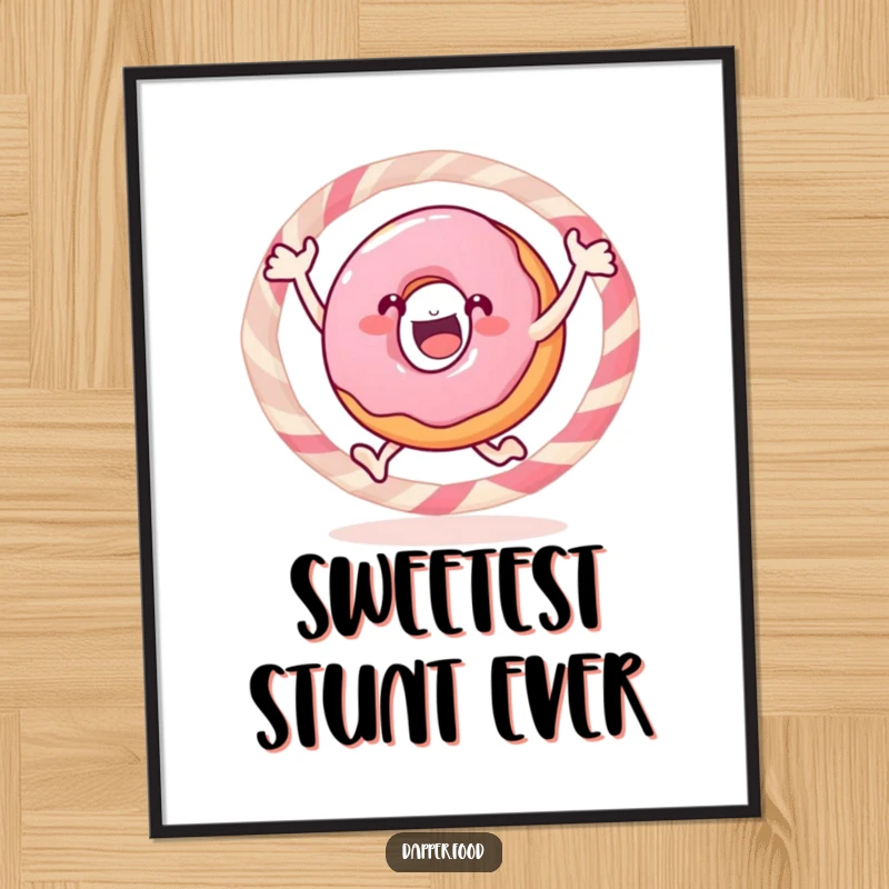 Funny donut digital art, a gleeful pastry jumping through a candy hoop, a high-resolution sweet illustration.