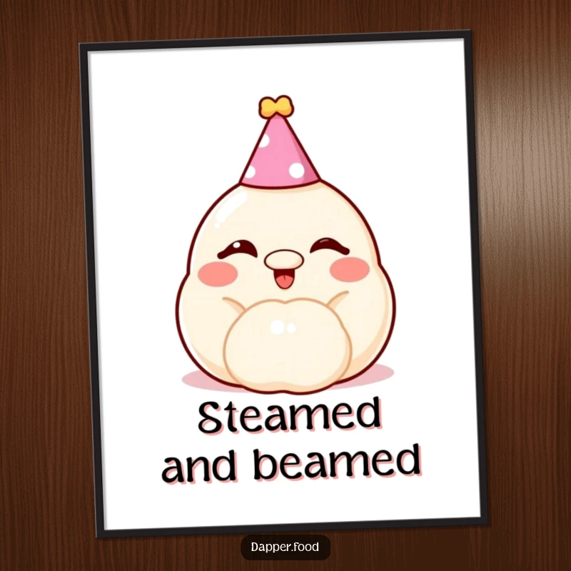 Funny dumpling digital art, a cheerful, winking bun with a party hat, a high-resolution comical illustration.