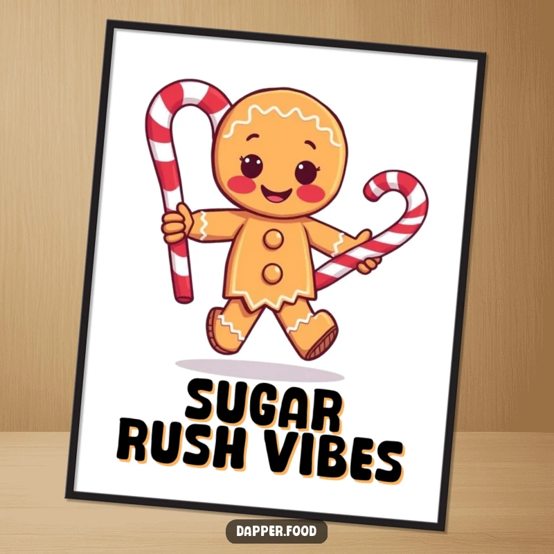 Funny digital art of a gingerbread man character joyfully running with a giant candy cane, perfect for adding whimsical charm to any space.