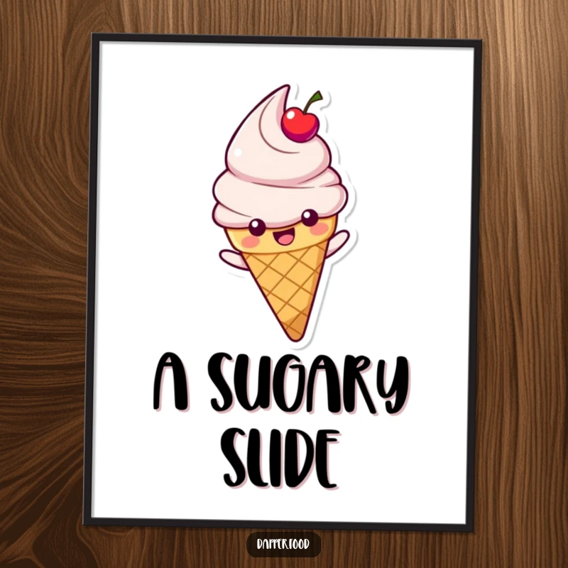 Funny digital art print of a happy ice cream cone character with a cherry topping sliding, ideal for humorous decor.