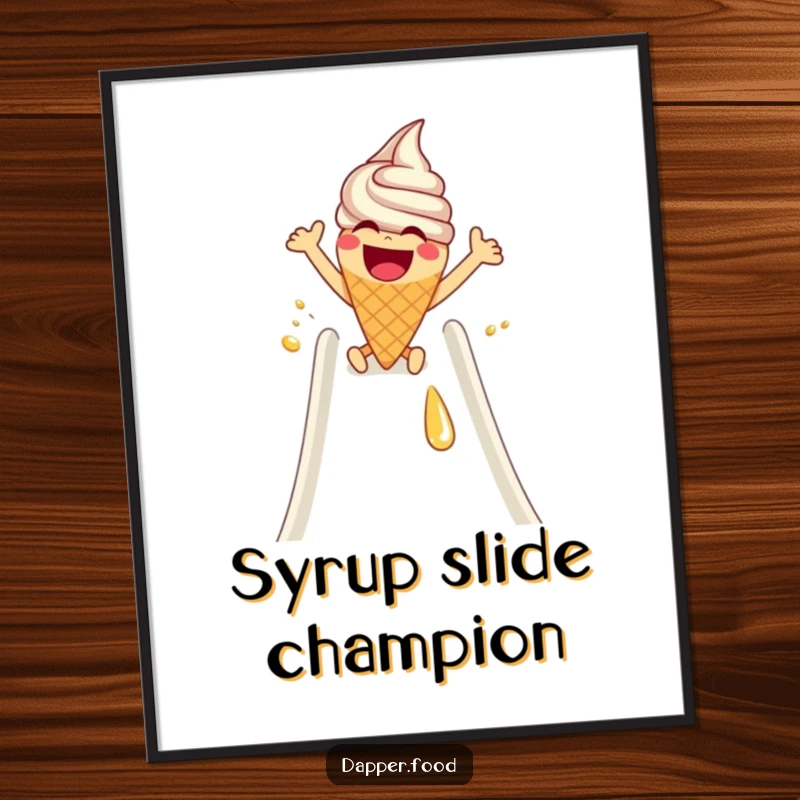 Funny Digital Art Print: A laughing ice cream cone with arms slides down a syrup slide, capturing playful dessert fun.