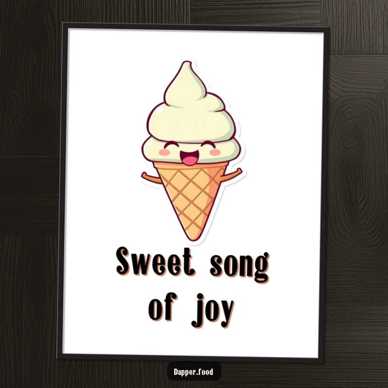 Funny Ice Cream Digital Art Print: A joyous ice cream cone character tilted as if singing, offering art.