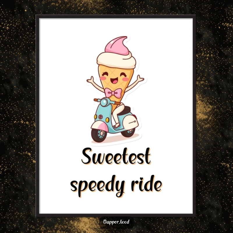 Funny digital art print of a happy ice cream cone character with arms and a bow, comically riding a scooter, ready for download.